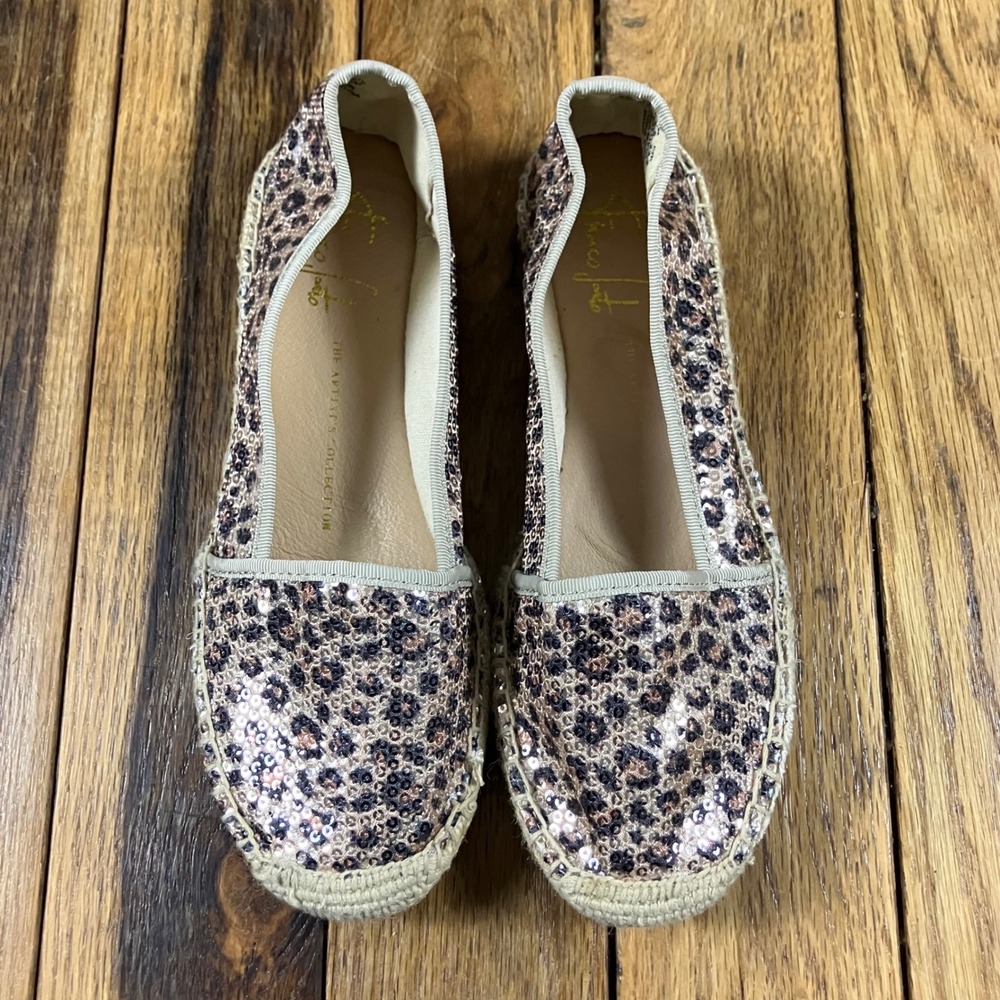 Franco Sarto Leopard Sequin Espadrille Flats Artist's Collection Tan Brown 5.5